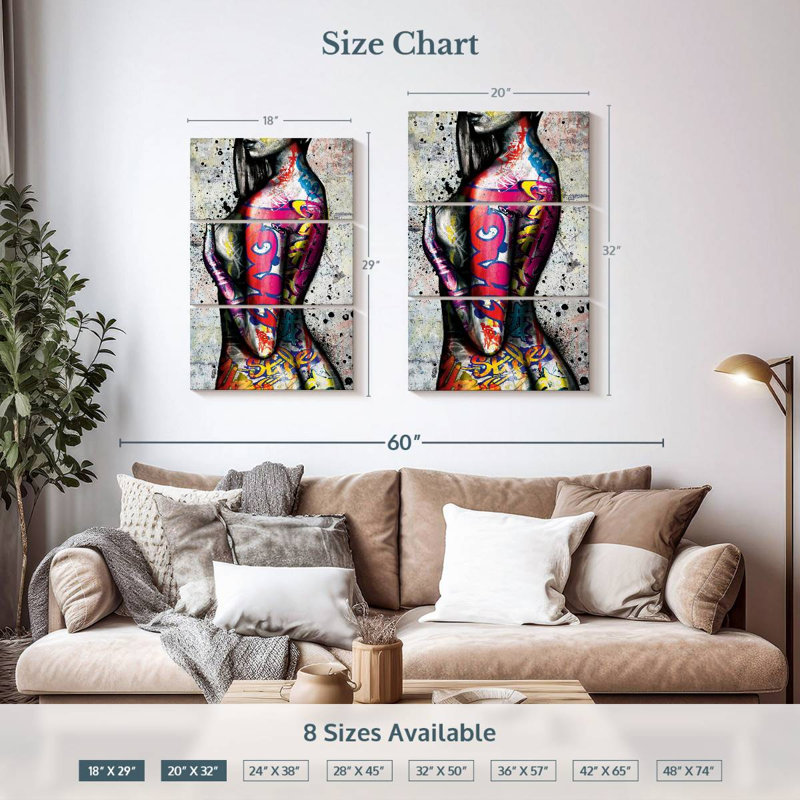 Ensemble de 3 pièces d'art corporel sur toile Edgy, H 32 po x l 20 po x P 1,25 po