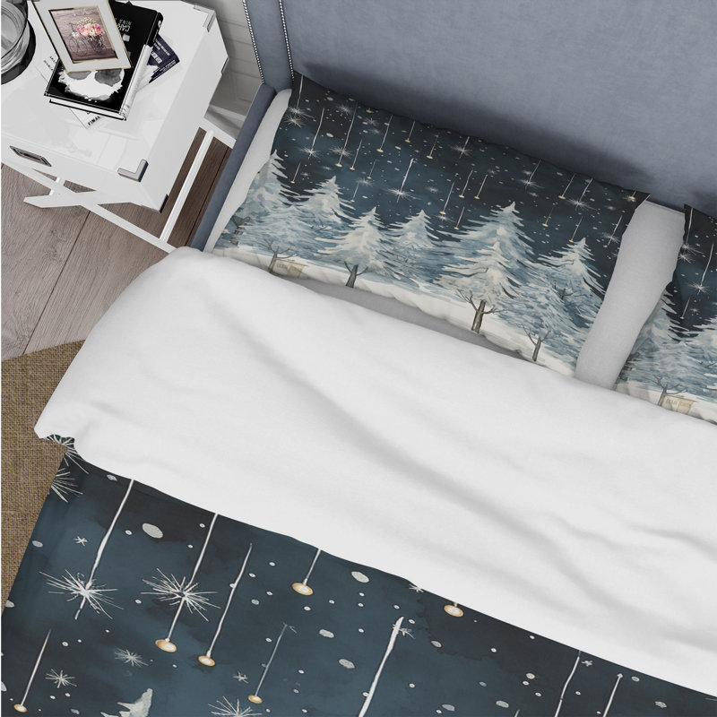 Winter Pine Tree Starry Night Sky I - Ensemble de housse de couette floral - Polyester microfibre