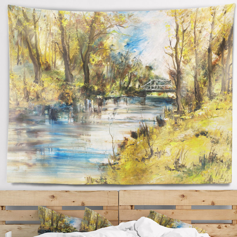 Schafer, paysage, pont, rivière, tapisserie, peinture à l'huile, H 32 po x l 39 po