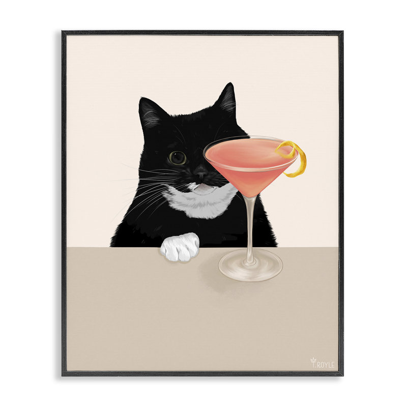 Art chat et rose par Tara Royle, Giclée encadrée noir minuit, H 14 po x l 11 po