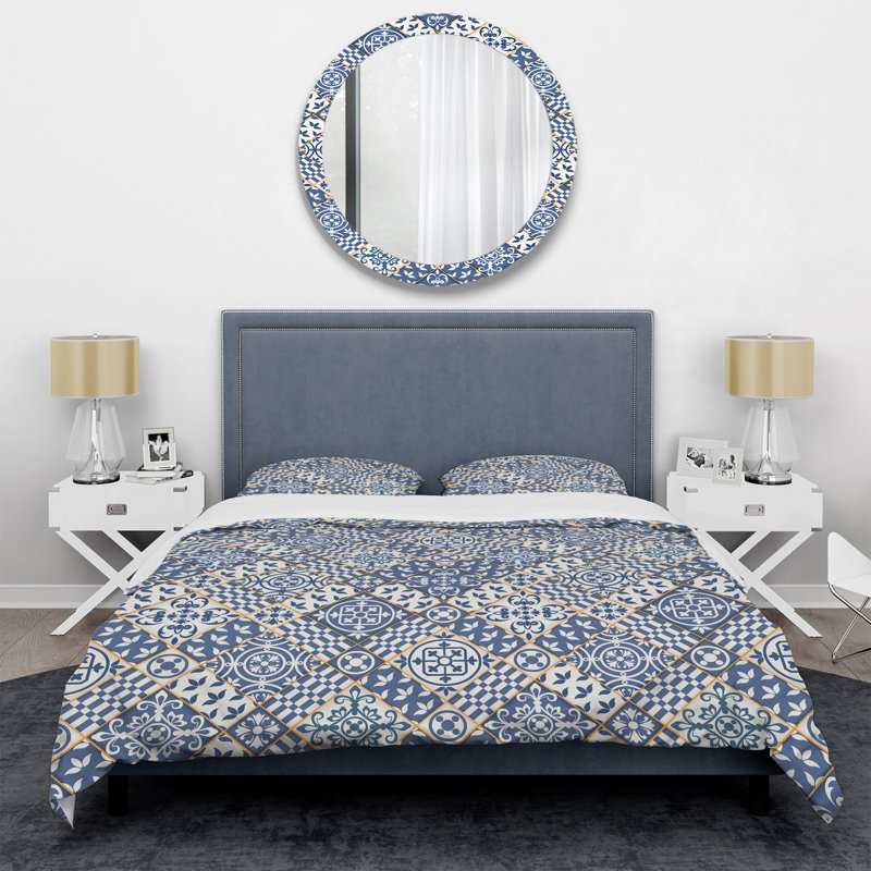 Ensemble de housse de couette bleue et dorée, Housse de couette simple + 1 taie décorative stan