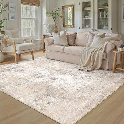Tapis lavable beige gris abstrait pour chambre à coucher de salon neutre et antidérapant à poils courts pour l'intérieur de la salle à manger