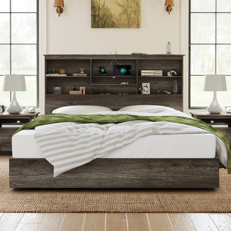 Base de lit très grand avec bibliothèque et rangement à DEL 51,2 po Bilal, 4 tiroirs de rangement, gris, gris, Très grand