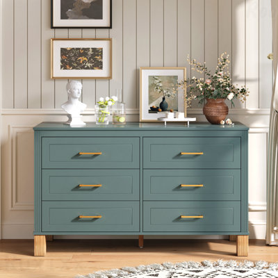 Commode 6 tiroirs avec commode de rangement moderne verte avec poignées en métal et pieds en bois massif Organisateur de tiroir pour chambre d'enfant