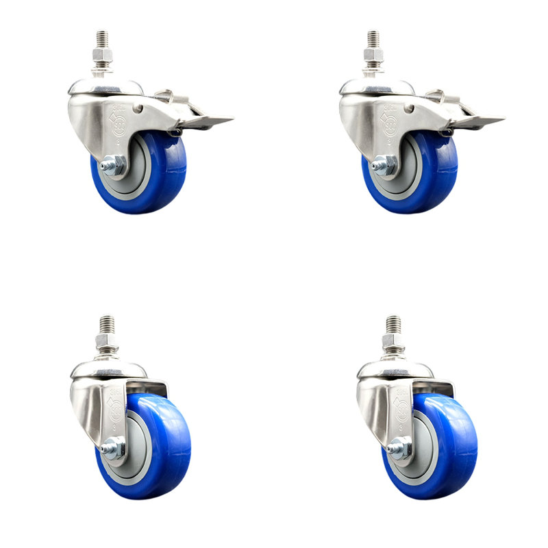 Ensemble de 3 roulettes à tige filetée 3,5 pouces en polyuréthane bleu 3,5 mm avec frein de verrouillage 2