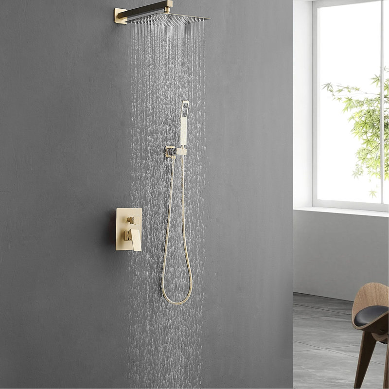 Douche de salle de bain moderne en or brossé, pluie murale de 10 pouces avec douchette amovible, robinet géométrique, robinet en céramique, valve à cartouche avec poignée manuelle, robinets à 3 trous