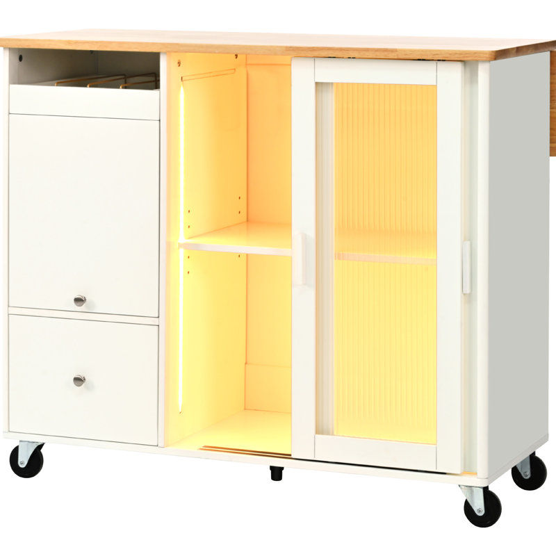 Îlot de cuisine blanc avec abattant, lumières à DEL, 2 portes coulissantes en verre, 1 porte d'armoire rabattable, tablette réglable, tiroirs (modernes) (grands tiroirs cannelés de style scandinave)