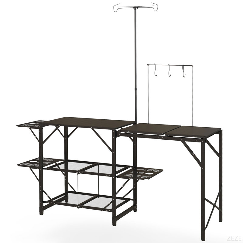 Outsunny Folding Camp Kitchen Table, Portable Camping Cooking Station With Adjustable Lantern Holder, Hanging Hooks And Carrying Bag For Outdoor Picnic Beach BBQ Traveling