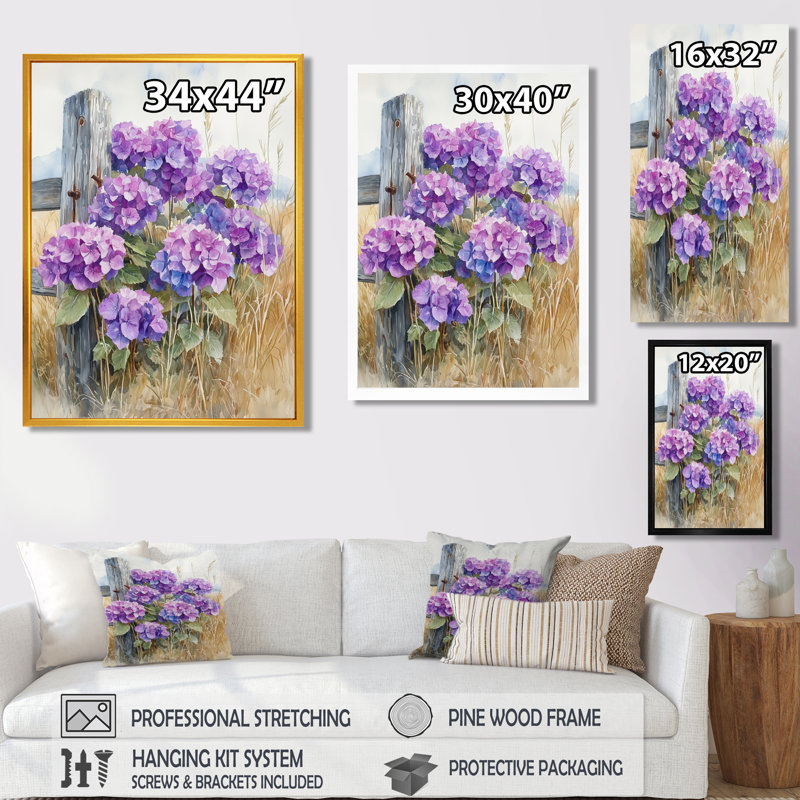 «Emily Hydrangeas At The Farm Fence I - Hydrangea», art mural, Noir, Reproduction avec cadre flottant, H 20 po x l 12 po