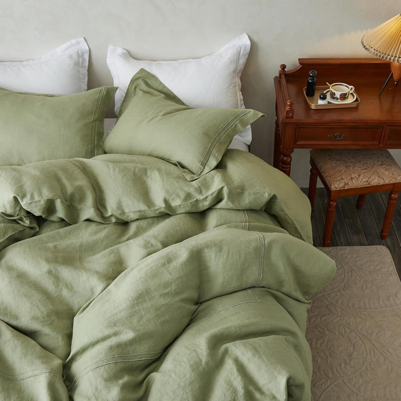 100% Washed Linen Duvet Cover Set-3 Pieces 1 Duvet Cover And 2 Pillowcases, Embroidery Sage Green