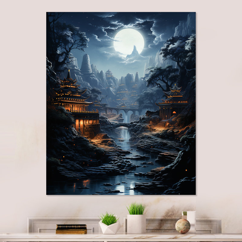 Moonlit Cliffside Mistery Landscape I - lune, art mural en métal, H 40 po x l 30 po x P 1,5 po