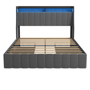 Queen Size Upholstered Bed Frame With Led Lights And Built-In Storage