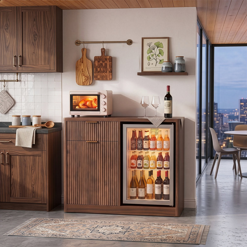 Buffet 39,4 "avec espace pour réfrigérateur, buffet cannelé avec support en verre pour la cuisine du salon, Walnut Brown