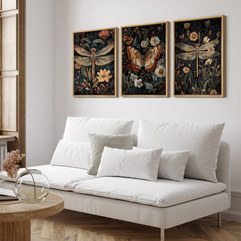 Ensemble de 3 reproductions d'art sur toile d'insectes et de fleurs rétro - Décoration de jardin papillon et libellule pour un intérieur inspiré de la nature