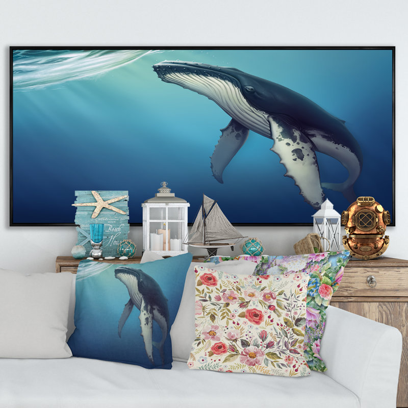 Baleine dans l'océan - Impression sur toile, Cadre noir, H 8 po x l 12 po x P 1 po