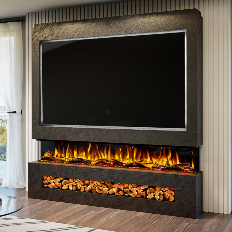 Evolution Fires Pre-Built Media Wall Package 16, finished in textured Venetian Plaster, includes Spectrum Series 82 Series 3-Sided Electric Fireplace