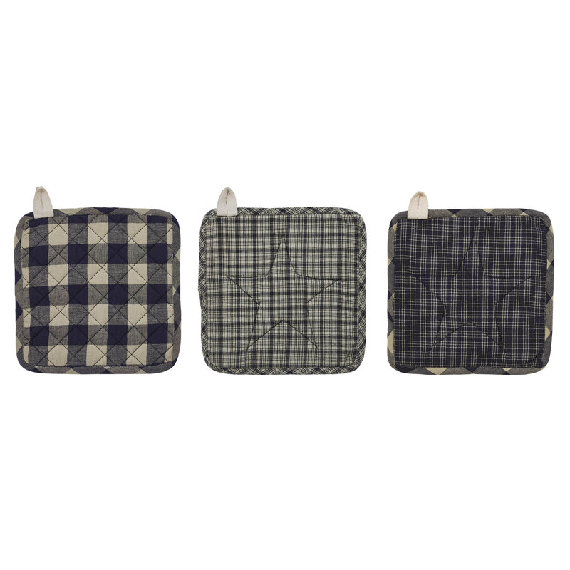 Navy and Tan Patchwork Cotton Pot Holder Set of 3