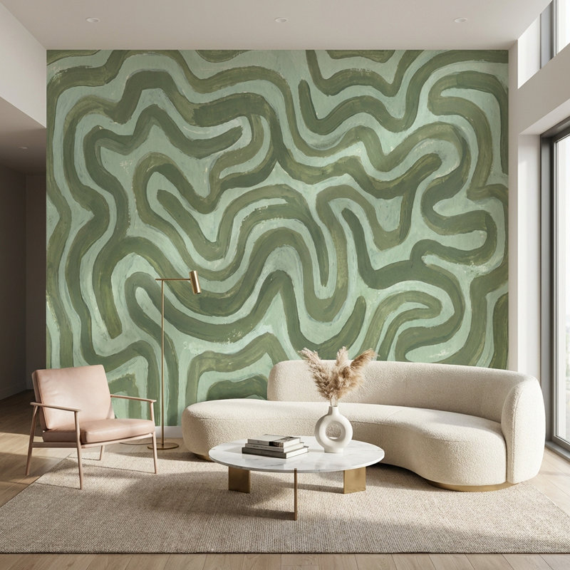 Murale abstraite apaisante de papier peint vert, 100 po x 96 po, Non tissé non collé