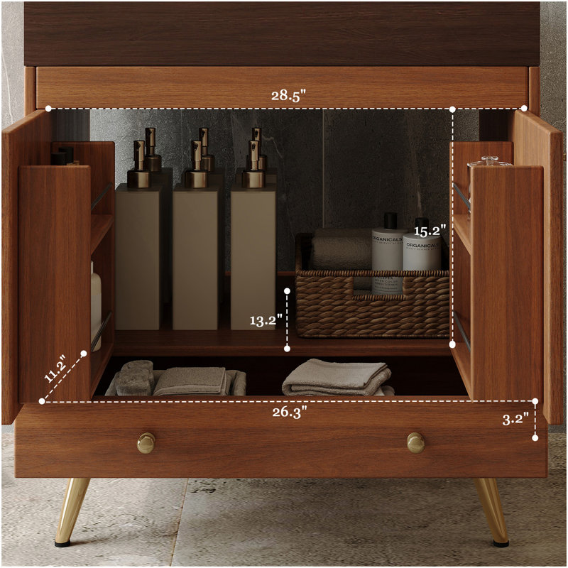 Meuble-lavabo autoportant de style Mid-Century avec comptoir en faux marbre et lavabo en céramique, armoire de rangement à double porte de 30 po, bois d'ingénierie imperméable, pieds dorés
