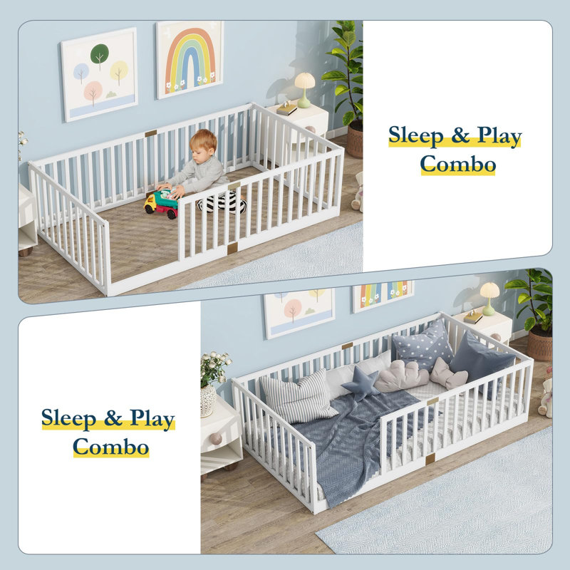 Twin Floor Bed With High Rails, Solid Wood Cama Montessori Bed Without Slats For Kids, White