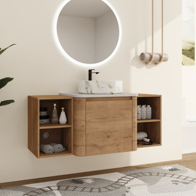 Ensemble de meuble-lavabo simple Greythor avec lavabo en céramique et tablettes de rangement, ensemble de meuble-lavabo simple avec plateau en pierre reconstituée