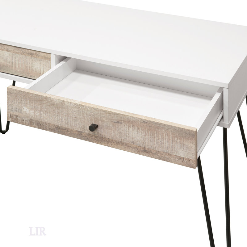 Bureau en chêne taupe avec 2 tiroirs de rangement, détails en métal et conception ouverte pour une élégance compacte.