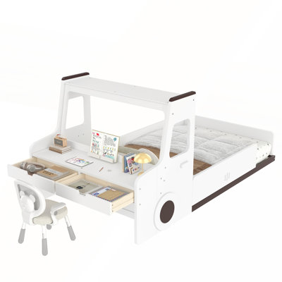 Lit simple en forme de voiture avec tiroirs de rangement, fenêtre et bureau pour l'imagination et la sécurité des enfants