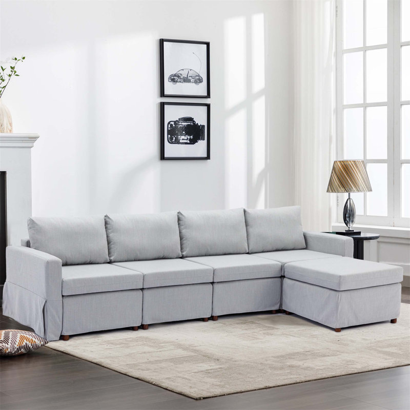 Canapé modulaire à 4 places avec 1 repose-pieds, Lin gris pâle