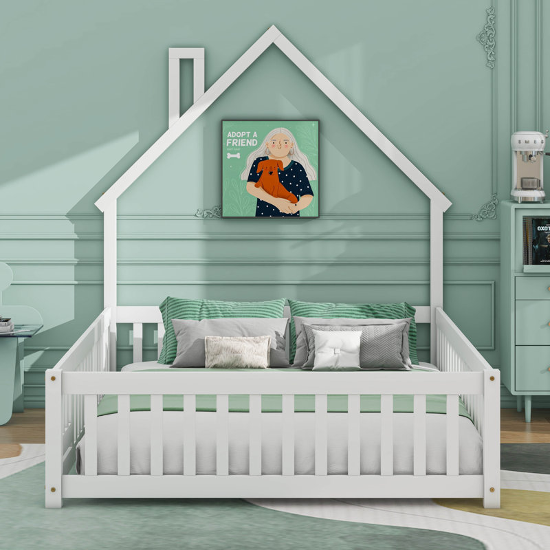 Lit avec clôture et porte, tête de lit en forme de maison, Double, Blanc