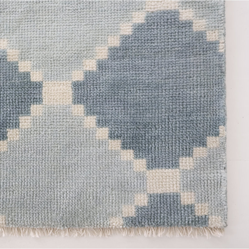 Sadie Handmade Oushak Wool Geometric Area Rug, Blue Mist, 3' x 12'