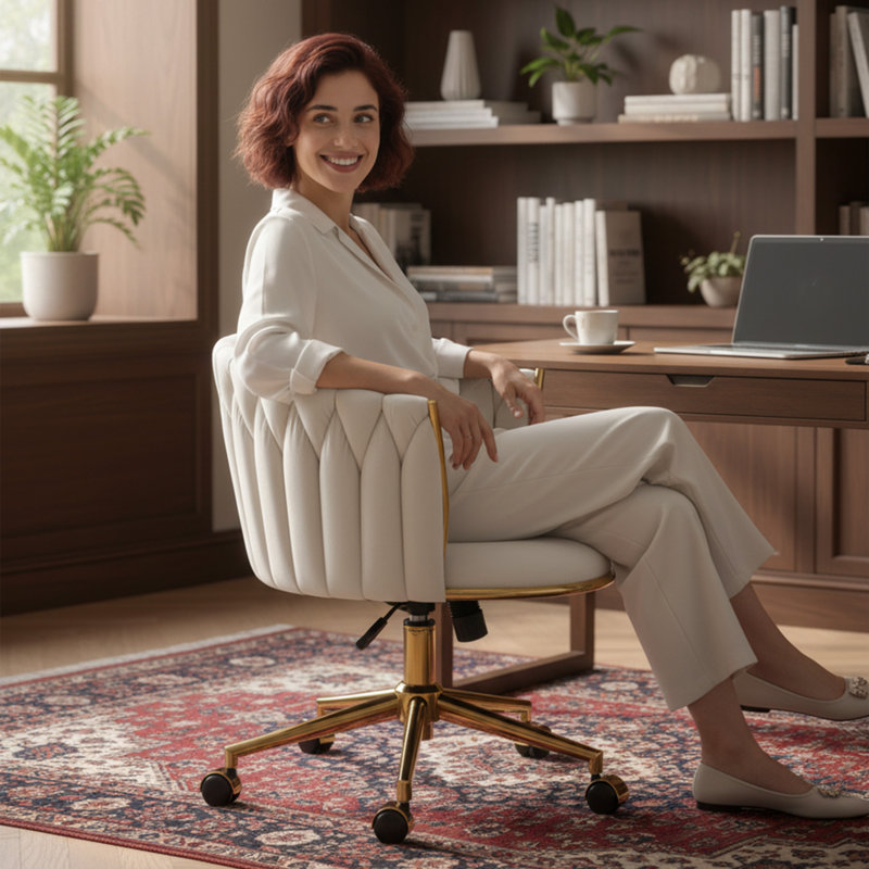 Chaise de bureau, fauteuil de coiffeuse pivotant avec dossier tissé, blanc crème