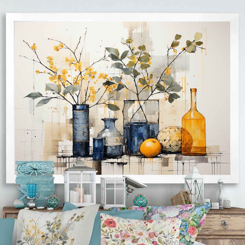 Bleu et jaune agrume Boho Pottery II - Boho Pottery, art mural, Cadre flottant brun, H 16 po x l 32 po x P 1 po