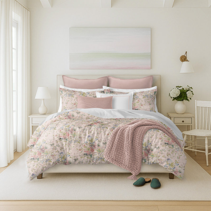 Ensemble d’édredon Faye, Édredon simple et 1 taie décorative, Rose / beige / vert floral