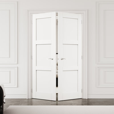 36" x 80" 3-Panel Interior French Door with Silver Hardware & Latch & Door Lever, Solid Core Door Slab, Paintable & Waterproof, Suit for Laundry, Closet Doors, Room Doors, Assembly Required