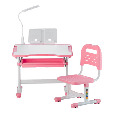 Ensemble de bureau et de chaise pour enfants avec plateau inclinable réglable, table d'écriture ergonomique pour étudiant avec lampe, rose