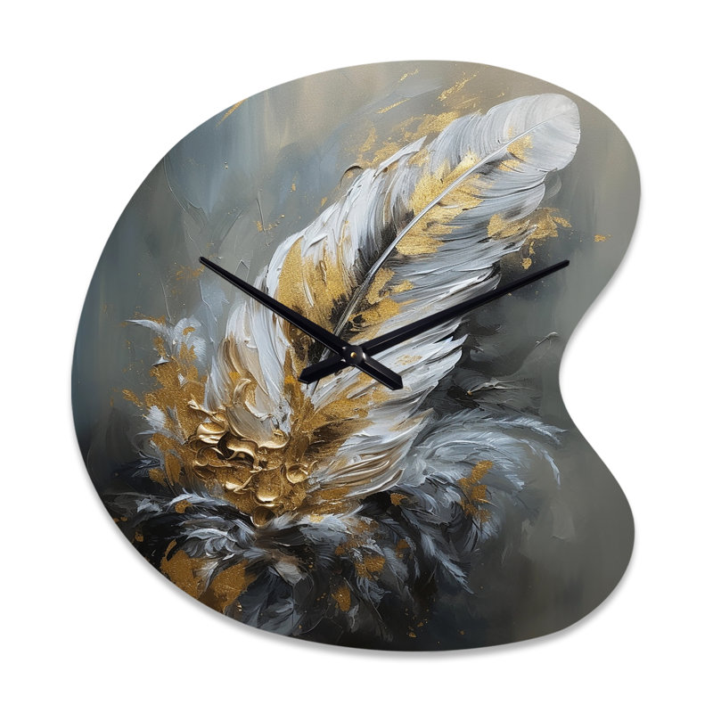 Plume dorée Boho Chic Feathers IV - Glam Feather forme irrégulière horloge murale, horloge murale asymétrique, Grand