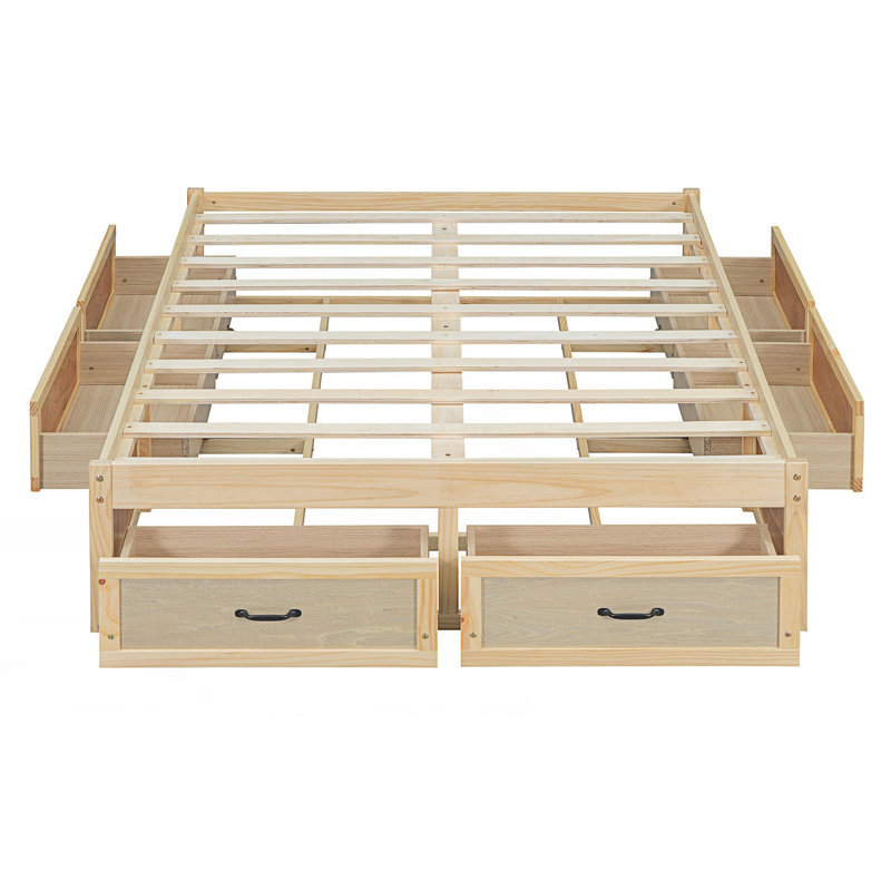Lit plateforme avec 6 tiroirs de rangement, Double, Naturel antique