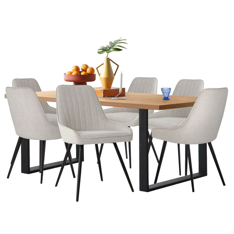 Ensemble de salle à manger rembourré 6 personnes Audna, Chêne, Beige