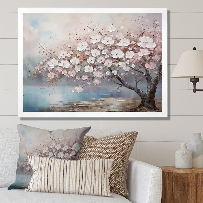 «Pink and Grey Cherry Blossom Charm I», art mural encadré de fleurs, H 34 po x l 44 po x P 1,5 po, Cadre simple blanc
