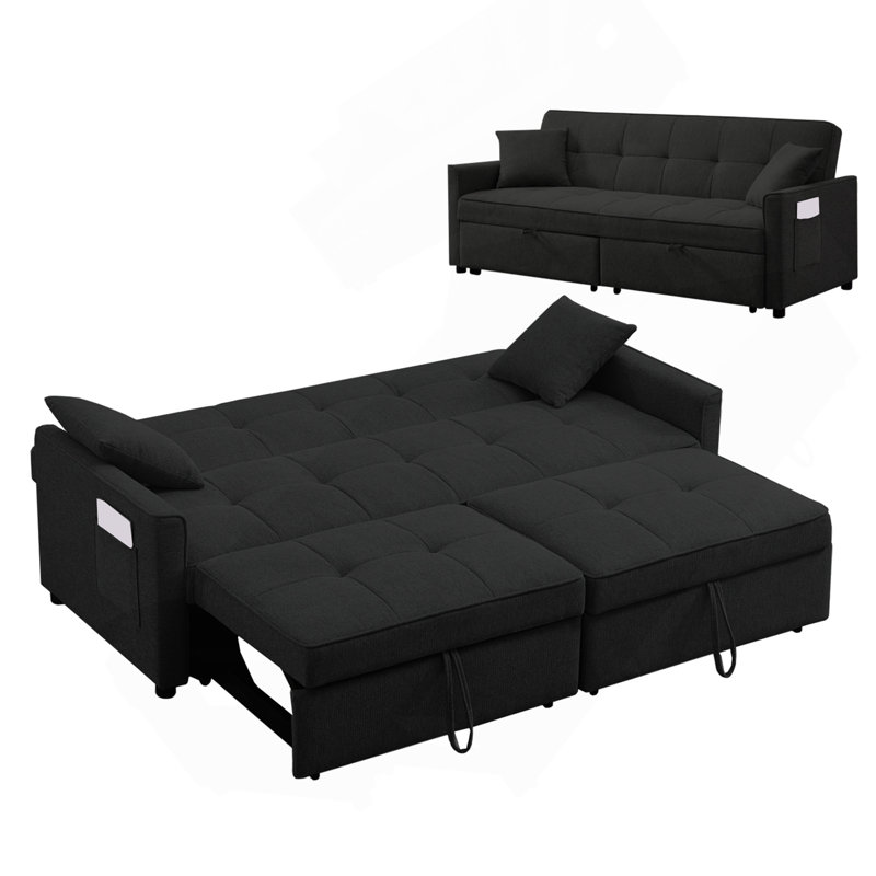 3 In 1 Convertible Sleeper Sofa Bed, Modern Fabric Loveseat Futon Sofa Couch Pullout Bed, Small Love Seat Lounge Sofa Reclining Backrest, Pillows, Pockets, Home Furniture For Living Room, Black