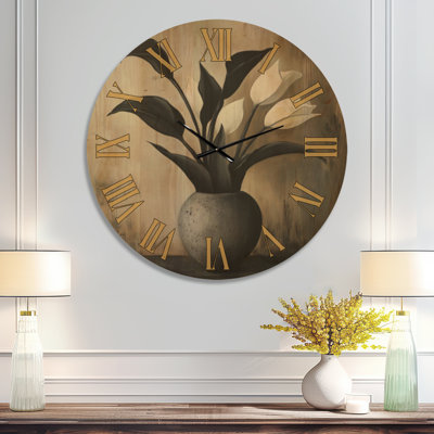 Stone Vase Stillness - Beige Rustic Large Wall Clock, Printed on Wood