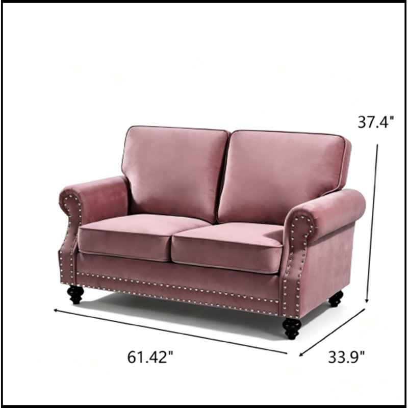 Causeuse avec garniture cloutée et pieds tournés en bois, Rose