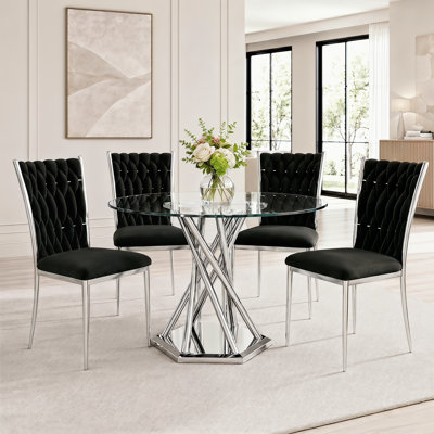 Ensemble de table de salle à manger ronde en verre de 47,2 po pour 4, 5 pièces, ensemble de table de salle à manger ronde en verre transparent avec 4 chaises rembourrées en velours, pour la cuisine, la salle à manger, l’appartement