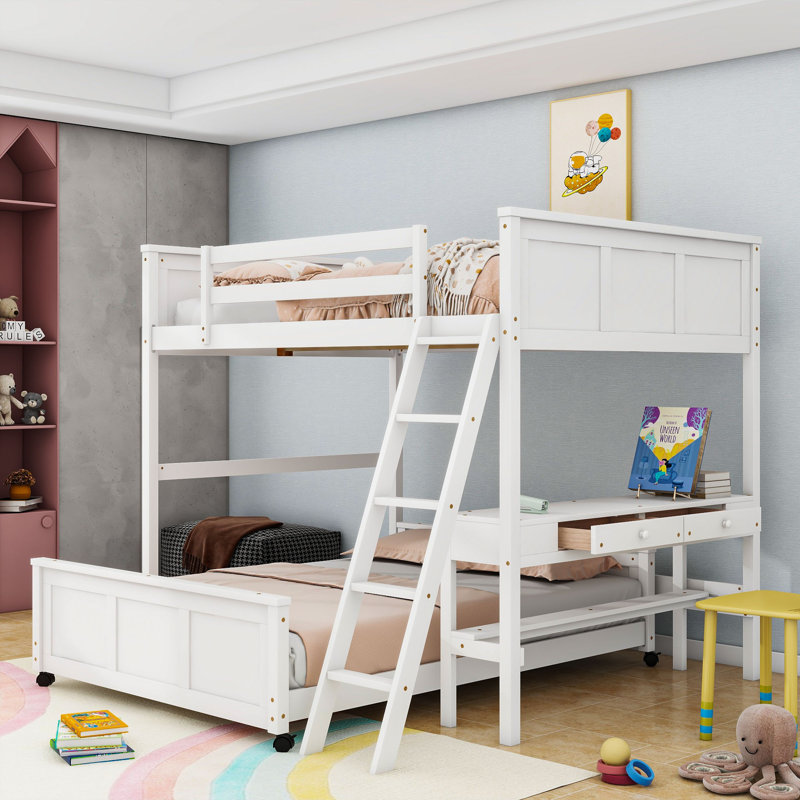 Lit superposé en bois avec bureau d'étude intégré et tiroirs de rangement, Double, Blanc