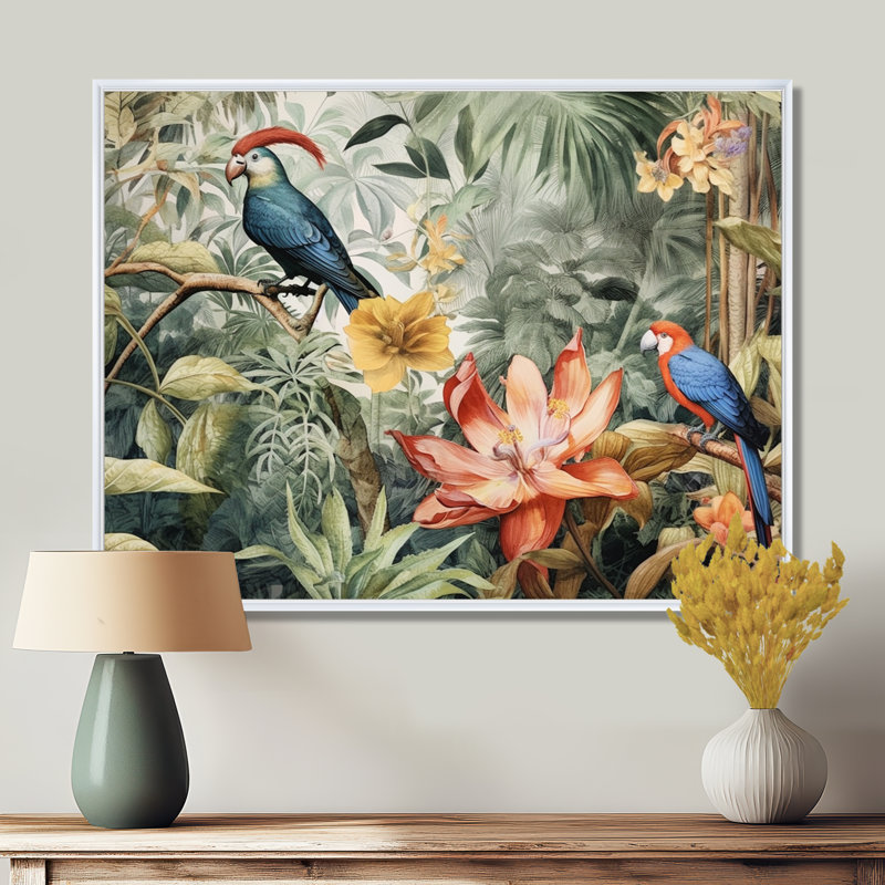 Perroquet au paradis II - Art encadré, H 30 po x l 40 po x P 1,5 po, White Floater Framed