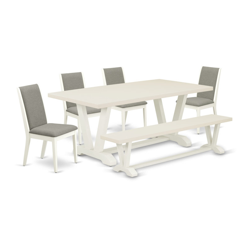 6-Pc Dining Room Set Consists of a Dining Table and a Wooden Bench and 4 Dark Shitake Linen Fabric Parson Chairs with High Back - Wire Brushed Linen White