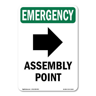 Assembly Point [Right Arrow] With Symbol Plastic Sign 18" X 12"