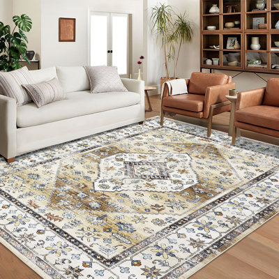 Tapis lavable antidérapant pour tapis de salon à médaillon oriental
