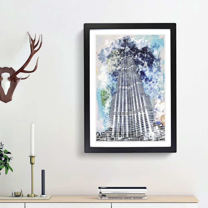 Burj Khalifa Skyscraper Dubai in Abstract - Picture Frame Painting Print, 36cm H x 27cm W x 2cm D, Black Framed