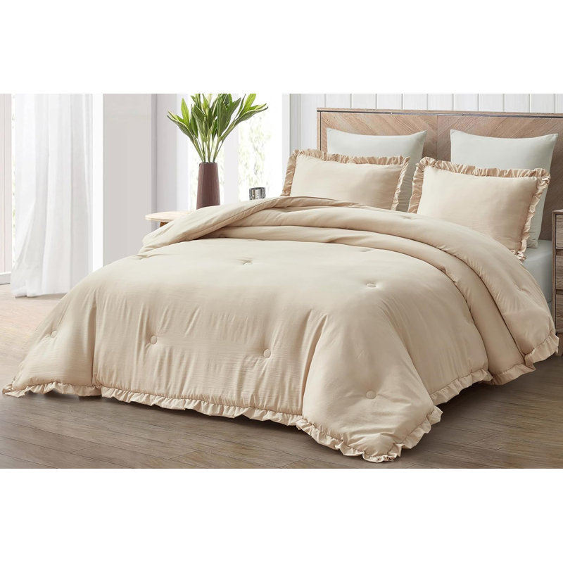 Nora Washed Microfiber Ruffled Comforter Set, Oversized King Comforter + 2 King Shams, Sand